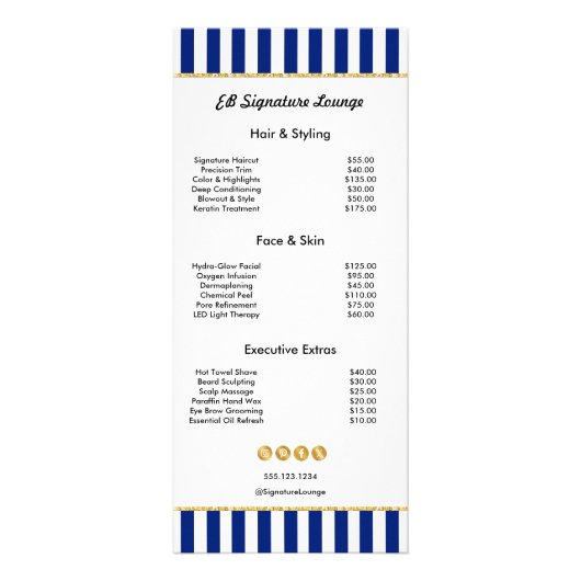 Executive Navy Blue Stripe Gold Service Price List ラックカード (正面)
