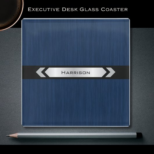 Executive Office Blue Silver Desk Accessory ガラスコースター