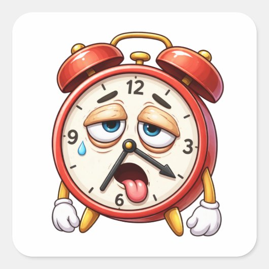 Exhausted Cartoon Alarm Clock Sticker スクエアシール (正面)