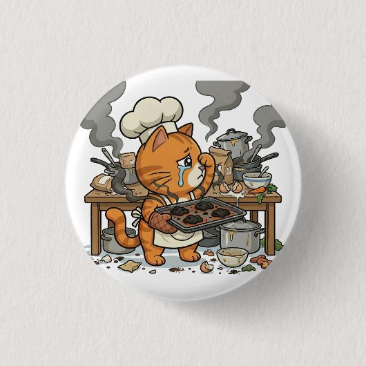 Exhausted Chef Cat Kitchen Disaster Button 缶バッジ (正面)