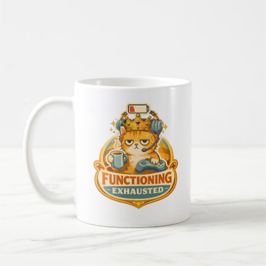 Exhausted Gamer Cat King Funny Coffee Gaming Art コーヒーマグカップ (左)