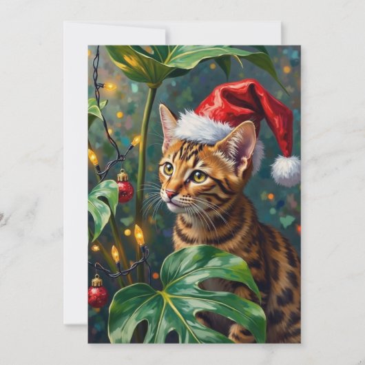 Exotic Bengal Cat Jungle Christmas Playtime Art シーズンカード (正面)