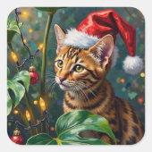 Exotic Bengal Cat Jungle Christmas Playtime Art スクエアシール (正面)
