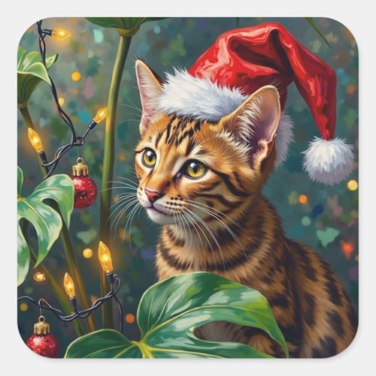 Exotic Bengal Cat Jungle Christmas Playtime Art スクエアシール (正面)