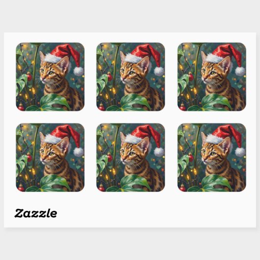 Exotic Bengal Cat Jungle Christmas Playtime Art スクエアシール (シート)