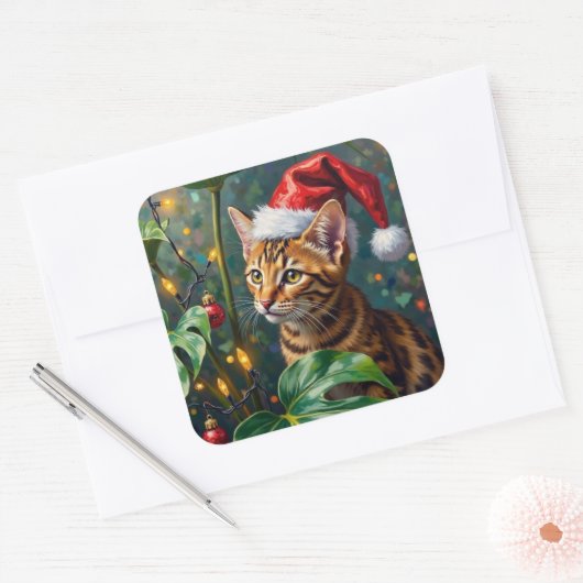 Exotic Bengal Cat Jungle Christmas Playtime Art スクエアシール (封筒)