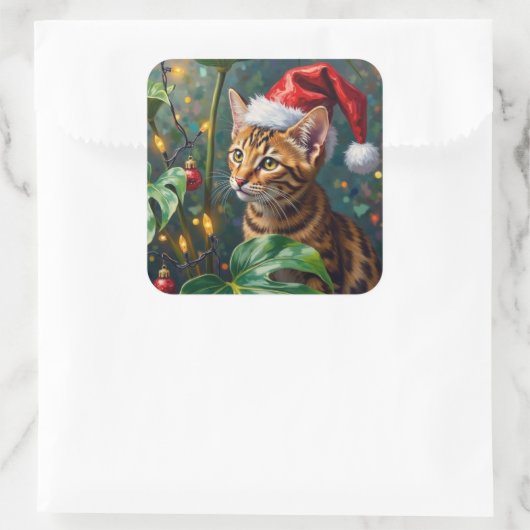 Exotic Bengal Cat Jungle Christmas Playtime Art スクエアシール (バッグ)