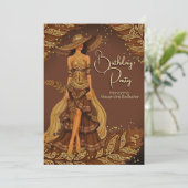 Exotic Chocolate Dress Gold Feather Birthday Party 招待状 (スタンド正面)