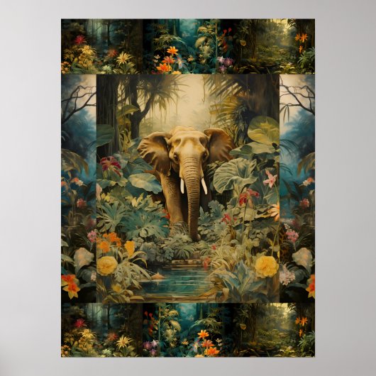 Exotic Colorful Forest Elephant Art Collage ポスター (正面)