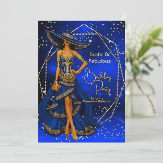 Exotic Fabulous Blue Gold Birthday Party Stunning 招待状 (スタンド正面)