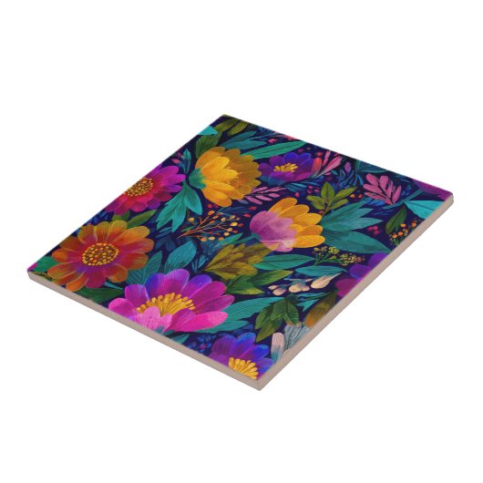 Exotic Flower Blossoms Bold& Elegant Chic Floral タイル (側面)