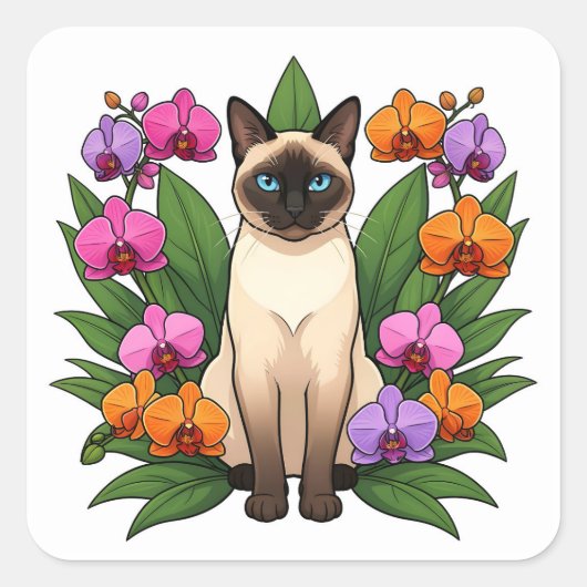 exotic flower siamese cat stickers スクエアシール (正面)