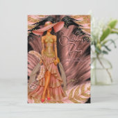 Exotic Pink Dress Gold Black Feather Birthday 招待状 (スタンド正面)