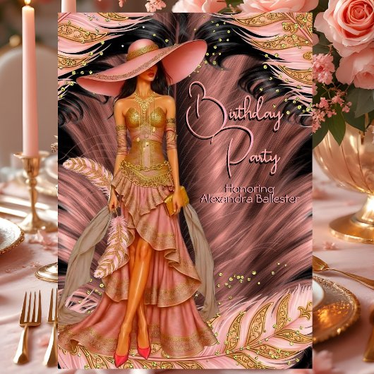 Exotic Pink Dress Gold Black Feather Birthday 招待状
