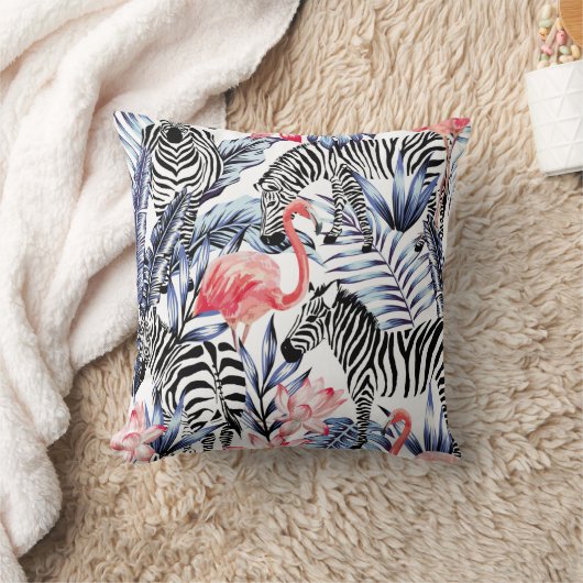 Exotic pink flamingo, zebra on background summer b クッション (ブランケット)