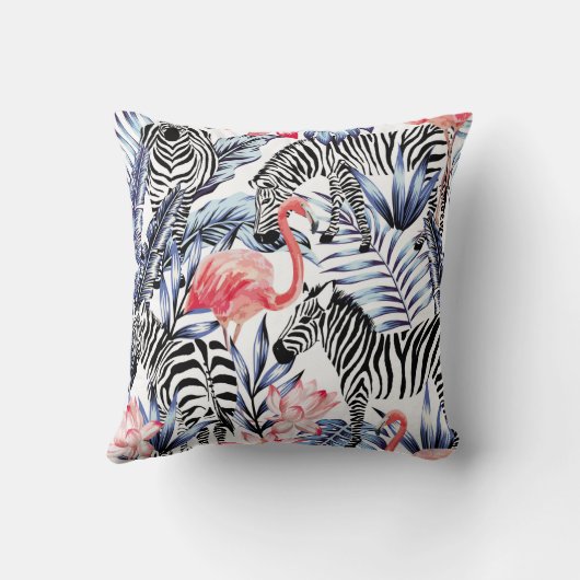 Exotic pink flamingo, zebra on background summer b クッション (裏面)