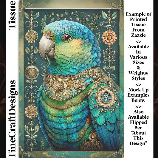 Exotic Steampunk Blue Green Parrot DX7L Decoupage 薄葉紙