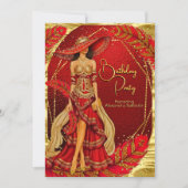 Exotic Stunning Red Gold Dress Feather Birthday 招待状 (正面)