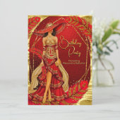 Exotic Stunning Red Gold Dress Feather Birthday 招待状 (スタンド正面)