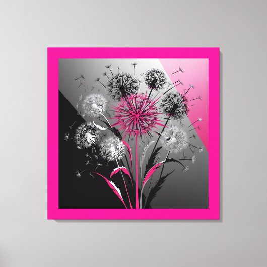 Exploding Dandelions Pink Black White キャンバスプリント (正面)