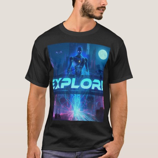 EXPLORE - サイバーパンク アンドロイド SF都市 ネオンテック Tシャツ (正面)