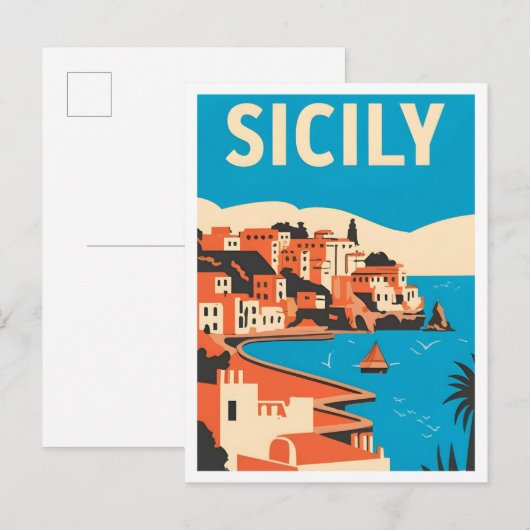Explore Sicily Italy Vintage Travel Illustration ポストカード (正面/裏面)