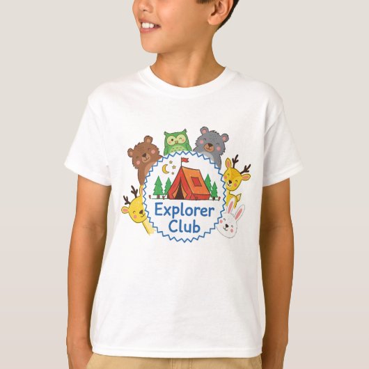 Explorer Club Kids Camping Animal Art Tシャツ (正面)
