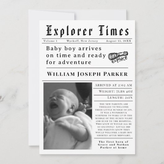 Explorer Times Newborn Birth 案内状 (正面)