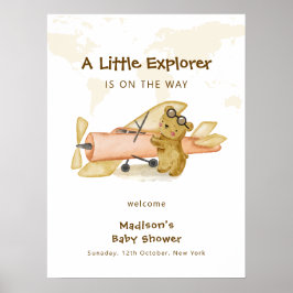 Explorer World Map Airplane Baby Shower Welcome ポスター