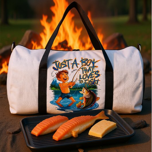 Exploring Nature: Boy Fishing With a Big Catch ダッフルバッグ