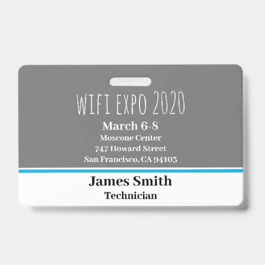 Expo ID水平グレー、白、青 バッジ (正面)