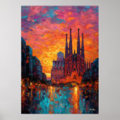 Expressionist Barcelona Skyline Vibrant Cityscape  ポスター (正面)