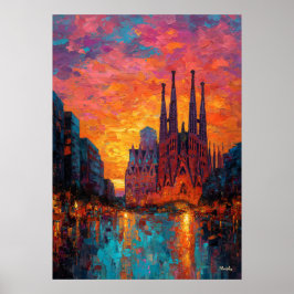Expressionist Barcelona Skyline Vibrant Cityscape  ポスター