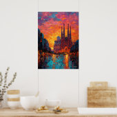 Expressionist Barcelona Skyline Vibrant Cityscape  ポスター (キッチン)