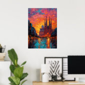 Expressionist Barcelona Skyline Vibrant Cityscape  ポスター (ホームオフィス)