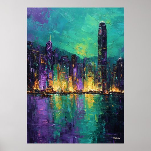 Expressionist Hong Kong Skyline Neon Harbor City ポスター (正面)