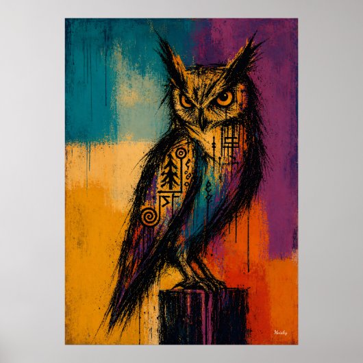 Expressionist Owl in Color Fields Abstract Poster ポスター (正面)