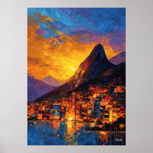 Expressionist Rio de Janeiro Skyline Golden Sunset ポスター (正面)