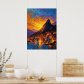 Expressionist Rio de Janeiro Skyline Golden Sunset ポスター (キッチン)