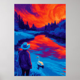 Expressionist River Sunset Contemplation Art ポスター