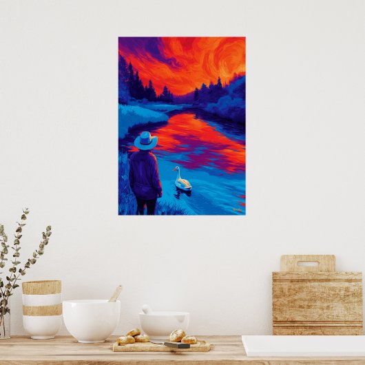 Expressionist River Sunset Contemplation Art ポスター (キッチン)
