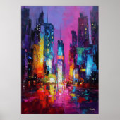Expressionist Tokyo Skyline Neon Night Cityscape ポスター (正面)