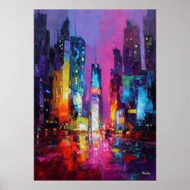 Expressionist Tokyo Skyline Neon Night Cityscape ポスター