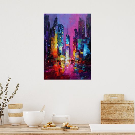 Expressionist Tokyo Skyline Neon Night Cityscape ポスター (キッチン)