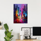 Expressionist Tokyo Skyline Neon Night Cityscape ポスター (ホームオフィス)