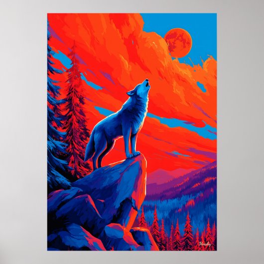 Expressionist Wolf Under Crimson Moon Wall Art ポスター (正面)