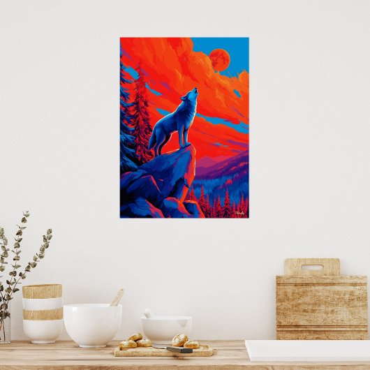 Expressionist Wolf Under Crimson Moon Wall Art ポスター (キッチン)