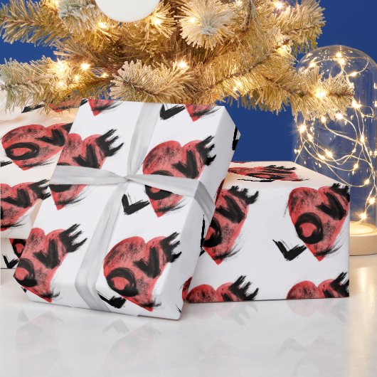 Expressive Brush Stroke Red Heart LOVE Pattern ラッピ ラッピングペーパー (クリスマス)