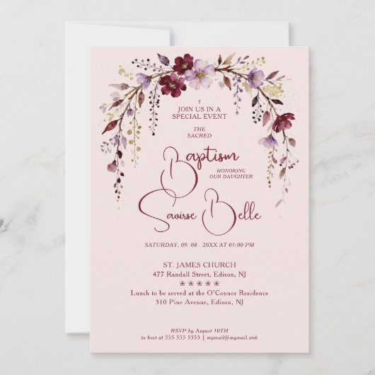 Exquisite Blooming Burgundy Arch Baptism 招待状 (正面)