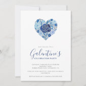 Exquisite Blue Floral Heart Galentine's Day Party 招待状 (正面)